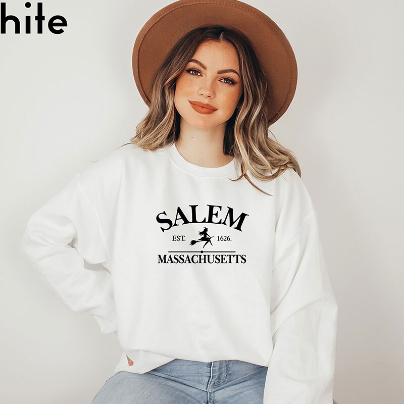 Salem Massachusetts Funny Halloween Womens Sweatshirt O Neck Graphic Hoodies Witch Graphic Tops 2000s Grunge Clothes Female Tops White