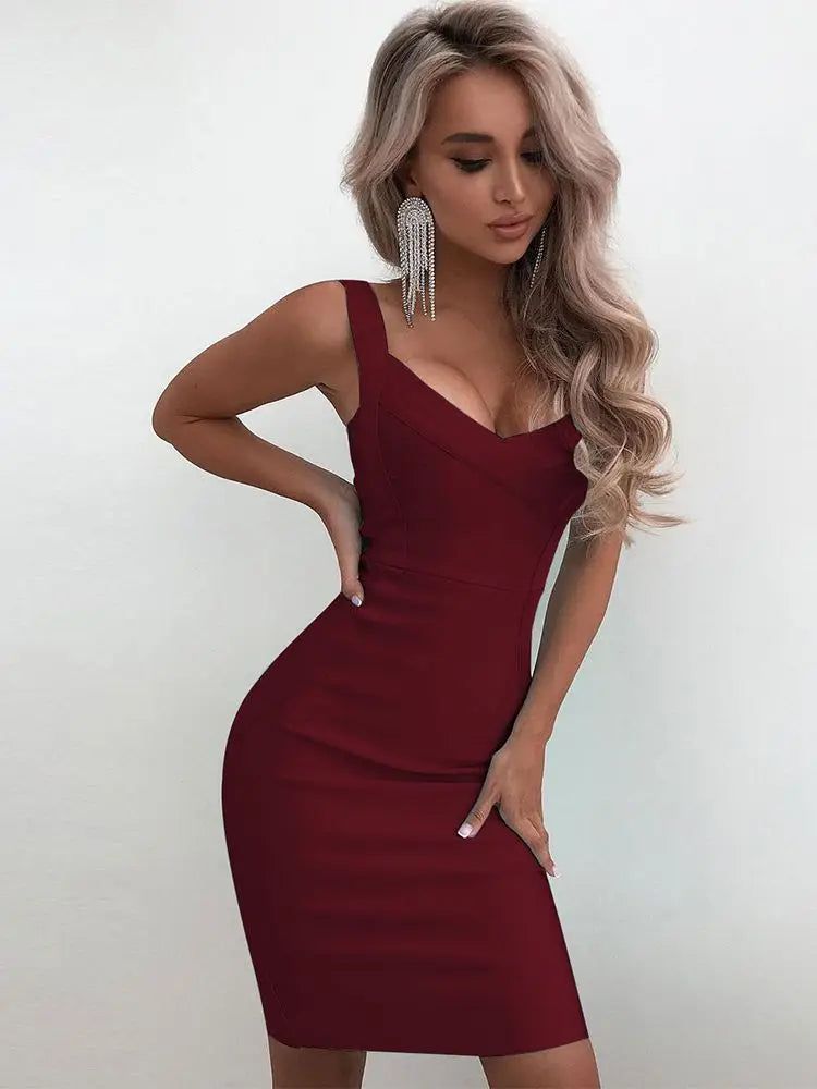 Pink Bandage Dress Women Party Dress Bodycon Elegant Spaghetti Strap Sexy Mini Yellow Evening Birthday Club Outfits Summer Burgundy