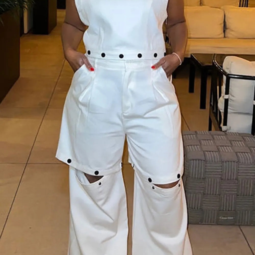 Flycurvy Plus Size Casual Pant Set White Round Neck Detachable Two Piece Pant Set With Pocket