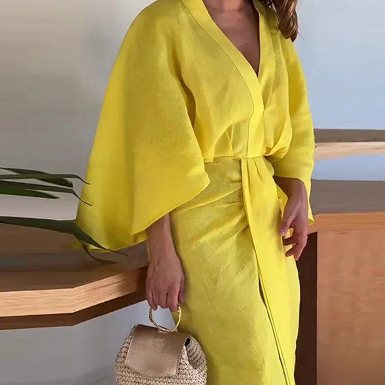 Women Fashion Loose Flare Sleeves Pleated Midi Dress Elegant Solid V-neck High Waist Slim Dresses Female Highstreet Vestidos