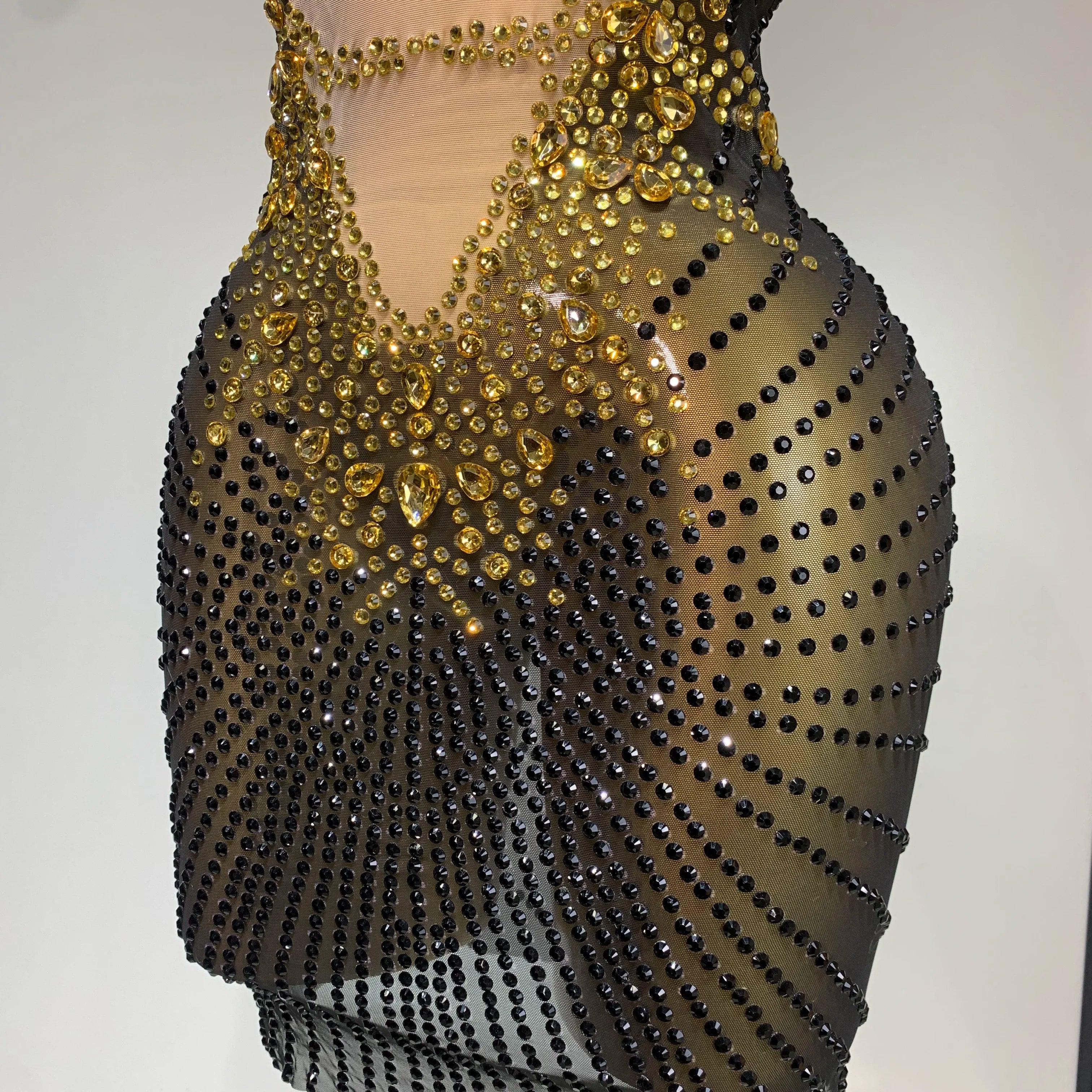 Sparkly Gold Rhinestone Transparent Sleeveless Mini Dress Evening Birthday Celebrate Party Nightclub Dance Performance Outfit