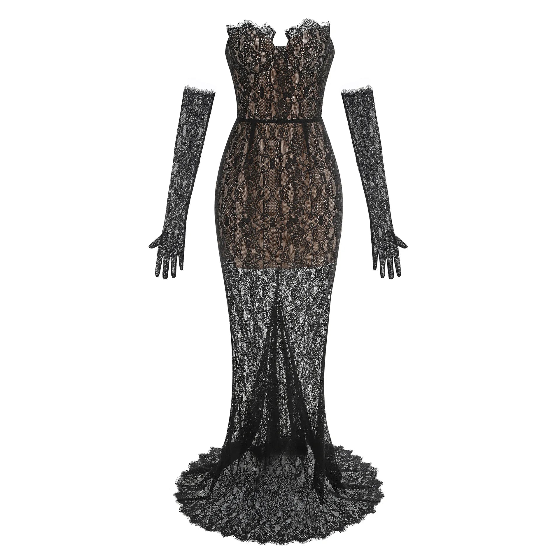 New Summer Black Color Women Sexy Strapless Lace Floor-length Mermaid Dress Gloves Elegant Evening Party Prom Outfit