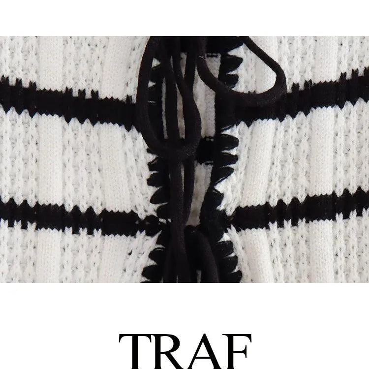 TRAF Women Fashion Summer 2 Pieces Set Black And White Striped V-Neck Lace-Up Tops+Knitted High Waist Wide Leg Pants Female Suit