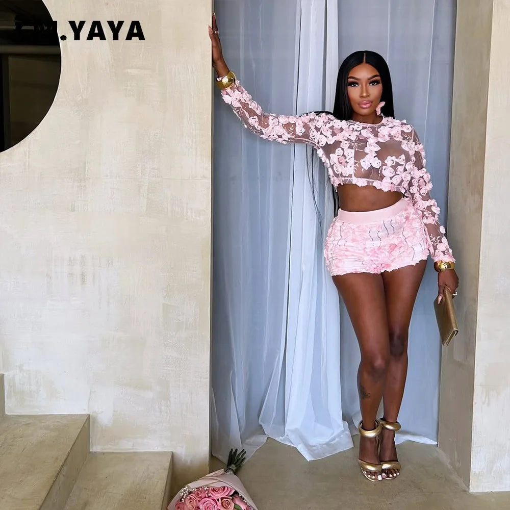 3D Flower Women's Set Mesh See Through Long Sleeve Top and Shorts Suits 2025 Sweet Party Girl Two 2 Piece Sets Outfits