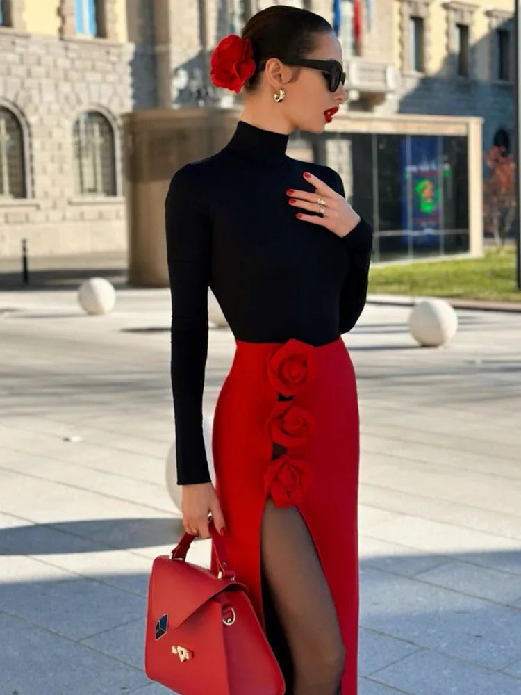 Summer Women Black Red Flower Bodycon Bandage Skirt Designer High Waist Party Office Lady Elegant Split Skirt