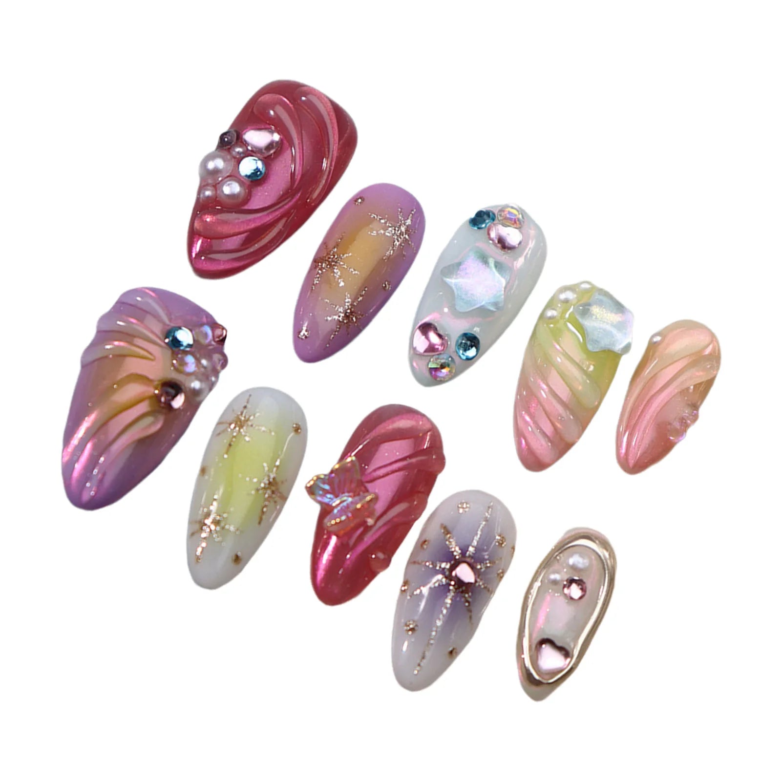 Ocean Series Fake Nail 10pcs Handmade 3d Colored Press On Nails Pearl And Buterfaly Design Almond False Nail Patches Deachable