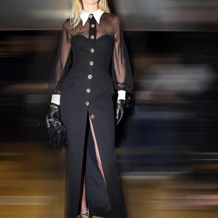 Women Elegant And Pretty Dress 2024 Spring Summer Fashion Party Long Sleeve Button Black Ankle Length Dresses