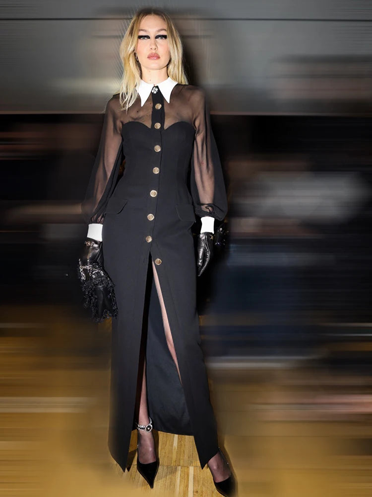 Women Elegant And Pretty Dress 2024 Spring Summer Fashion Party Long Sleeve Button Black Ankle Length Dresses