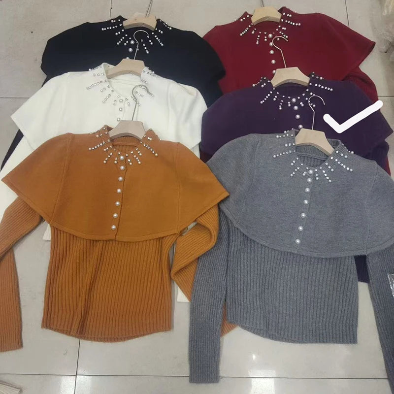 Autumn Winter Beaded Shawl Knitted Sweater For Women Slim Fit Inner Wear Layered Elegant Two-Piece Set 11A07563 Purple One Size