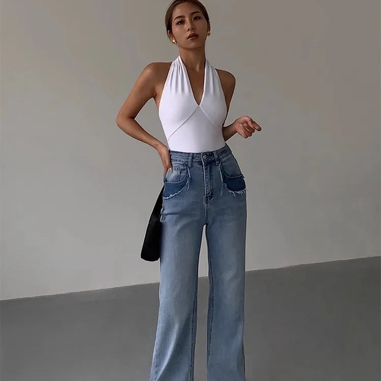 Black Spicy Girl Deep V-Neck Top For Women'S Summer Design With Hanging Neck And Strap, Open Back Sleeveless Top WHITE