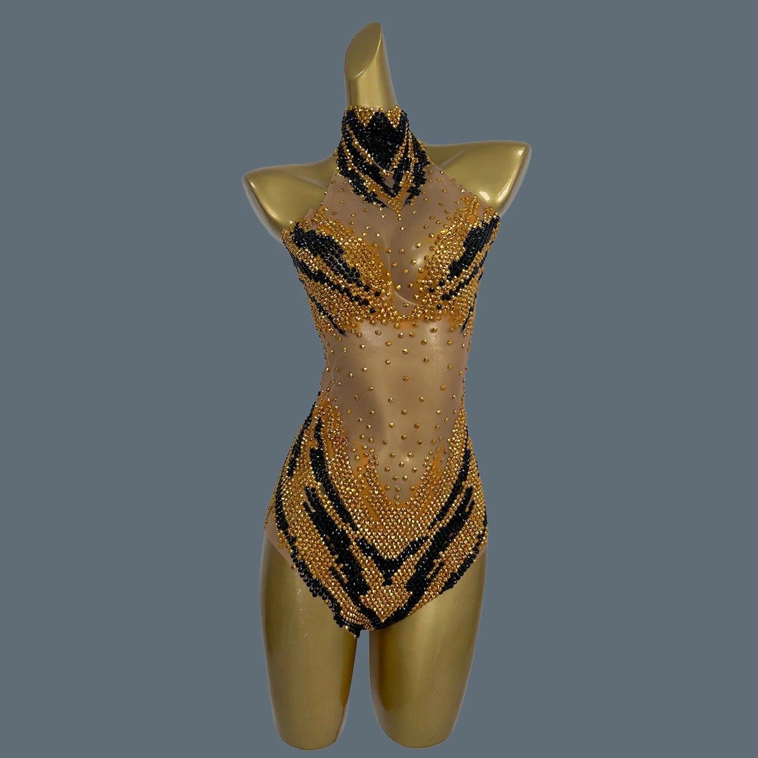 Sparkle Gold Diamonds Rompers Women Bodysuit Evening Party Crystal Outfit Female Singer Performance Dance Costume Huniu Gold One Size