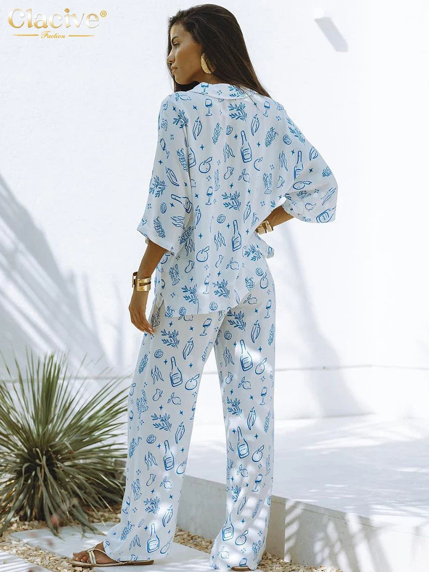 Clacive Fashion Loose Print 2 Piece Sets Women Outfit Elegant Long Sleeve Shirt With High Waist Wide Pants Set Female