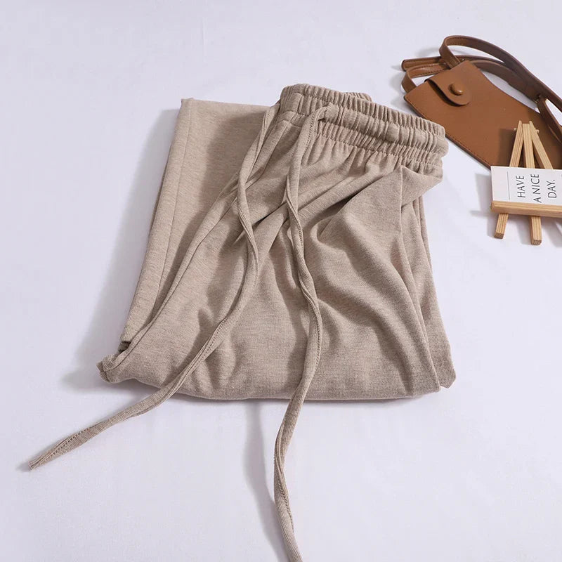 ITOOLIN Women Casual Straight Pants Drawstring Elastic Waist Thin Solid Pants Sports Wide Leg Trousers For Women Spring KHAKI One Size