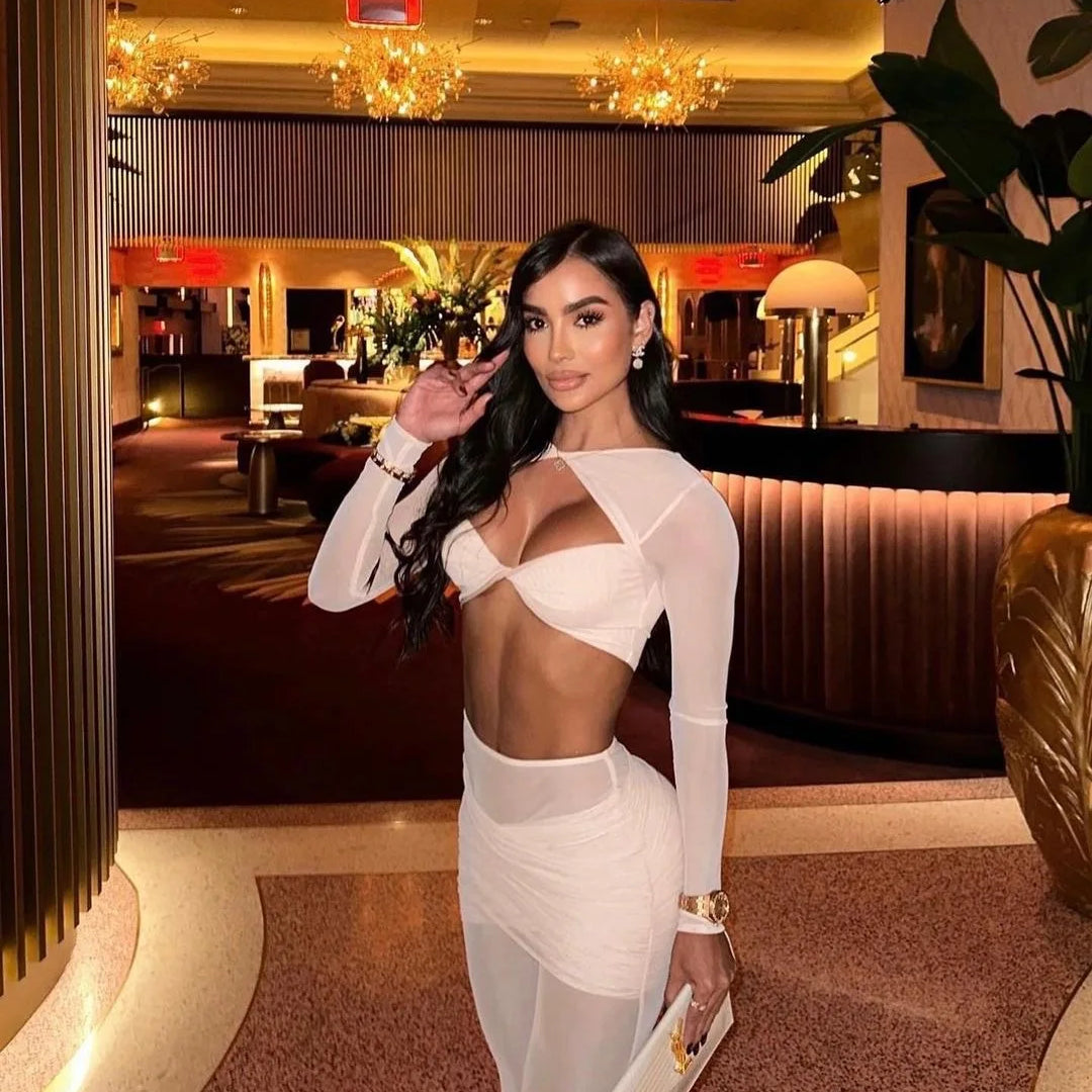 2024 Stylish Expose Waist Woman Set Sexy Hollow Out Short Top And Mesh Pants 2 Pieces High Street Wear Holidy Vacation Outfit