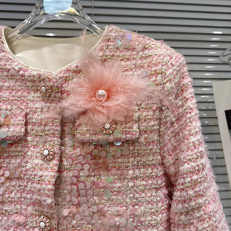 Winter New High-End Fashion Style Fox Fur Sleeve Sequin Tweed Cotton Short Coat For Women Elegant Jacket 11A07932