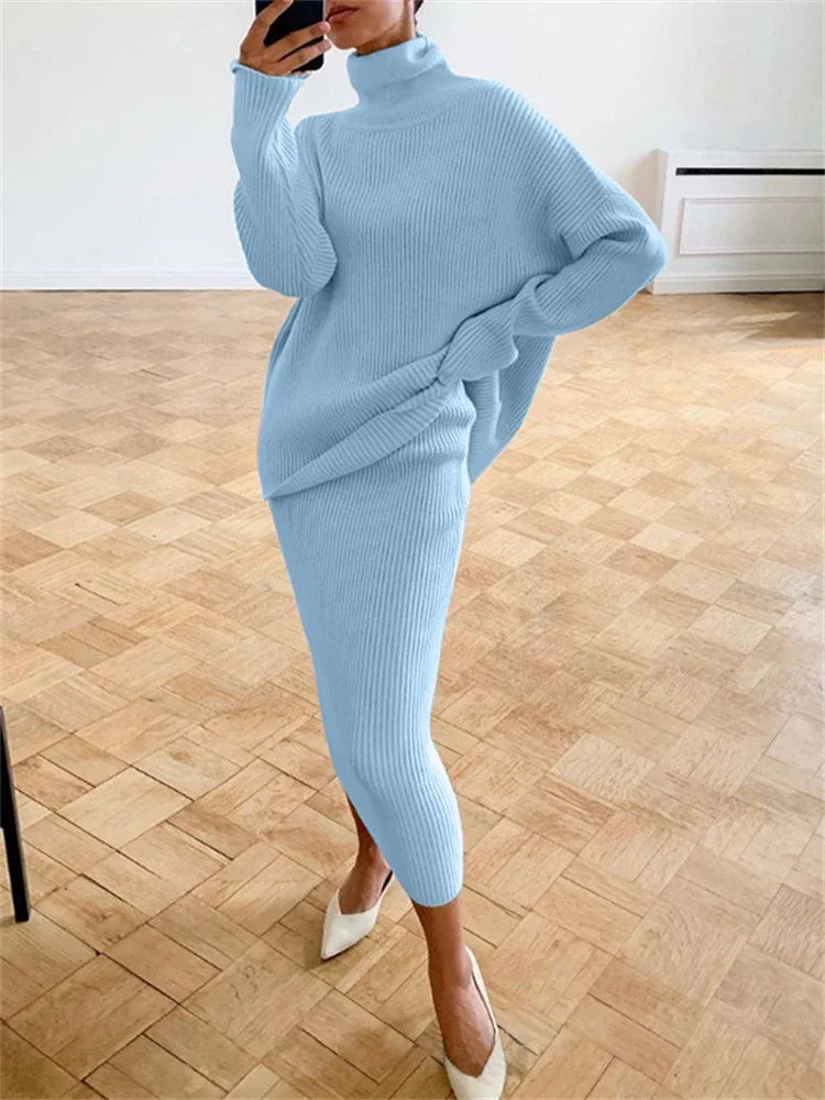 new Ribbed Knit 2 Piece Dress Set Outfits Ladies Knitwear Top And Midi Skirt Sets For Women Casual Winter Sweater Sets SKY BLUE