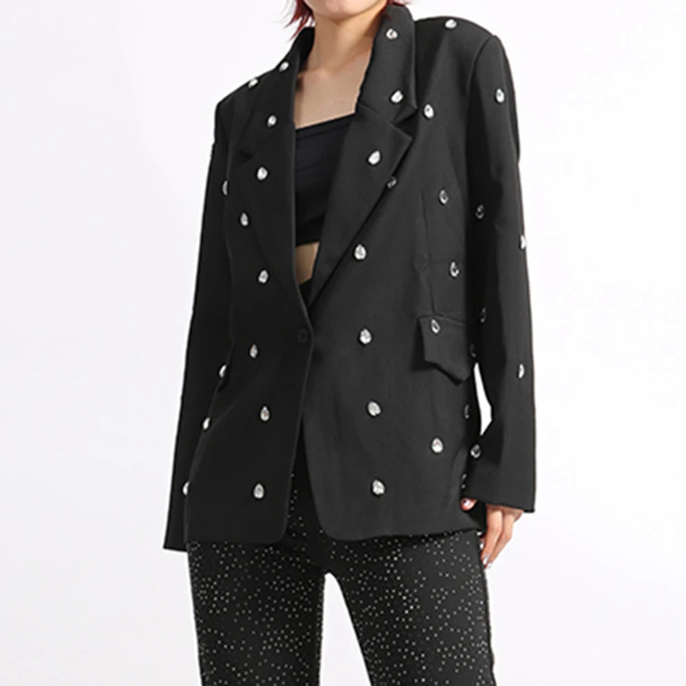Solid Loose Spliced Bead Elegant Jackets for Women Lapel Long Sleeves Patchwork Button Jacket Female Clothing New