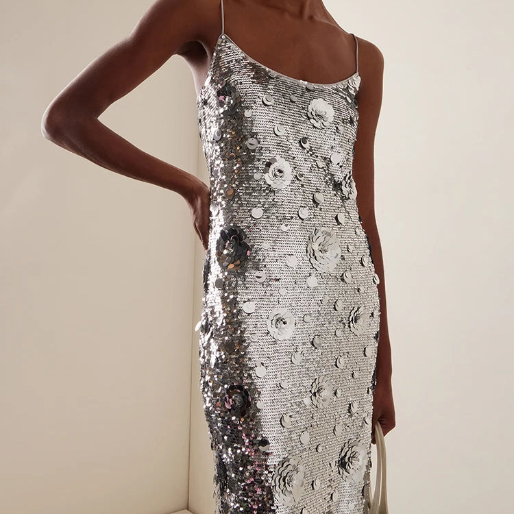 Women's Elegant Silver Sequins Slip Long Dress Sleeveless 3D Flowers Embellished Cocktail Party Evening Gown