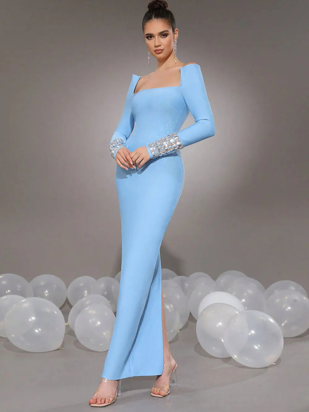 2025 New Women'S Elegant Bandage Dresses Square Neck Long Sleeved Nail Bead Design Bodycon Long Dress Evening Party Vestidos