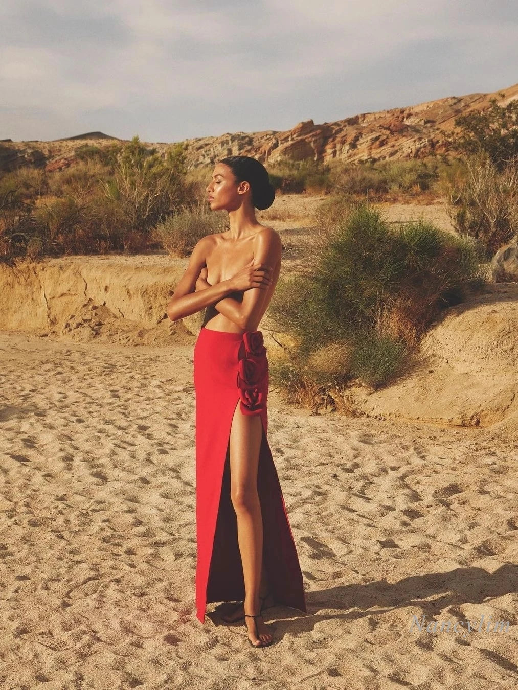 French Sexy Red High Waist Long Skirt Women's High-Grade Split Three-Dimensional Rose Light Luxury Maxi Skirts Faldas