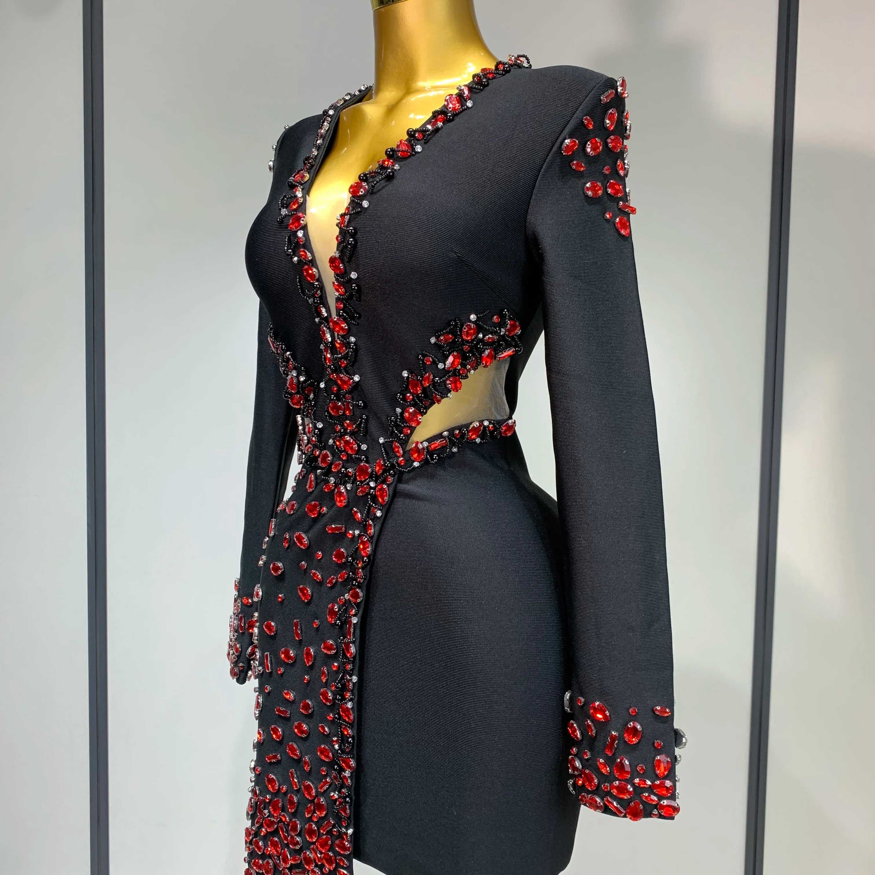 Luxury Birthday Women Celebrity Sexy Long Sleeve V Neck Rhinestone Black Bandage Dress 2025 Elegant Evening Club Party Dresses