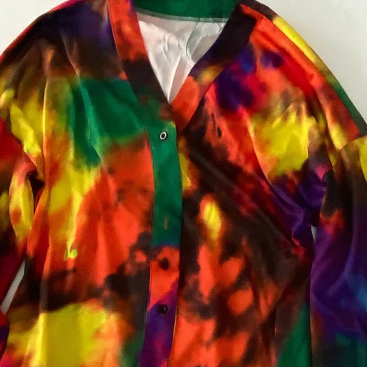 DEAT Fashion Women's Shirt Dress V-neck Loose Tie Dye Long Sleeve Single Breasted Waist Mini Dresses Spring New WR36309