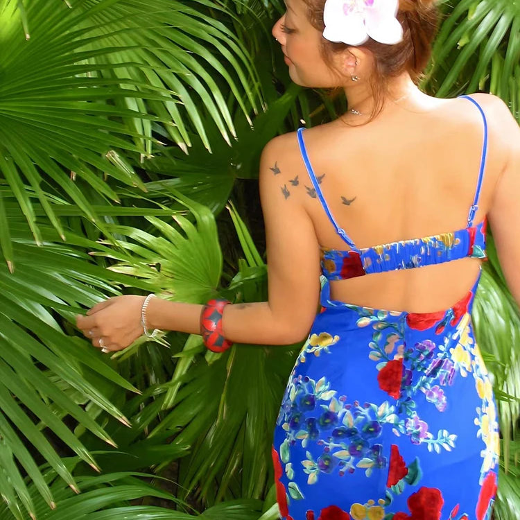 Blue Sexy Spaghetti Strap Party Women Dress Chic Backless Floral Printed Midi Velvet Drawstring Sling Cocktail Party Gowns