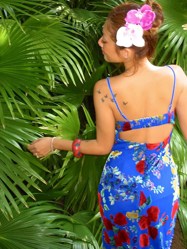Blue Sexy Spaghetti Strap Party Women Dress Chic Backless Floral Printed Midi Velvet Drawstring Sling Cocktail Party Gowns