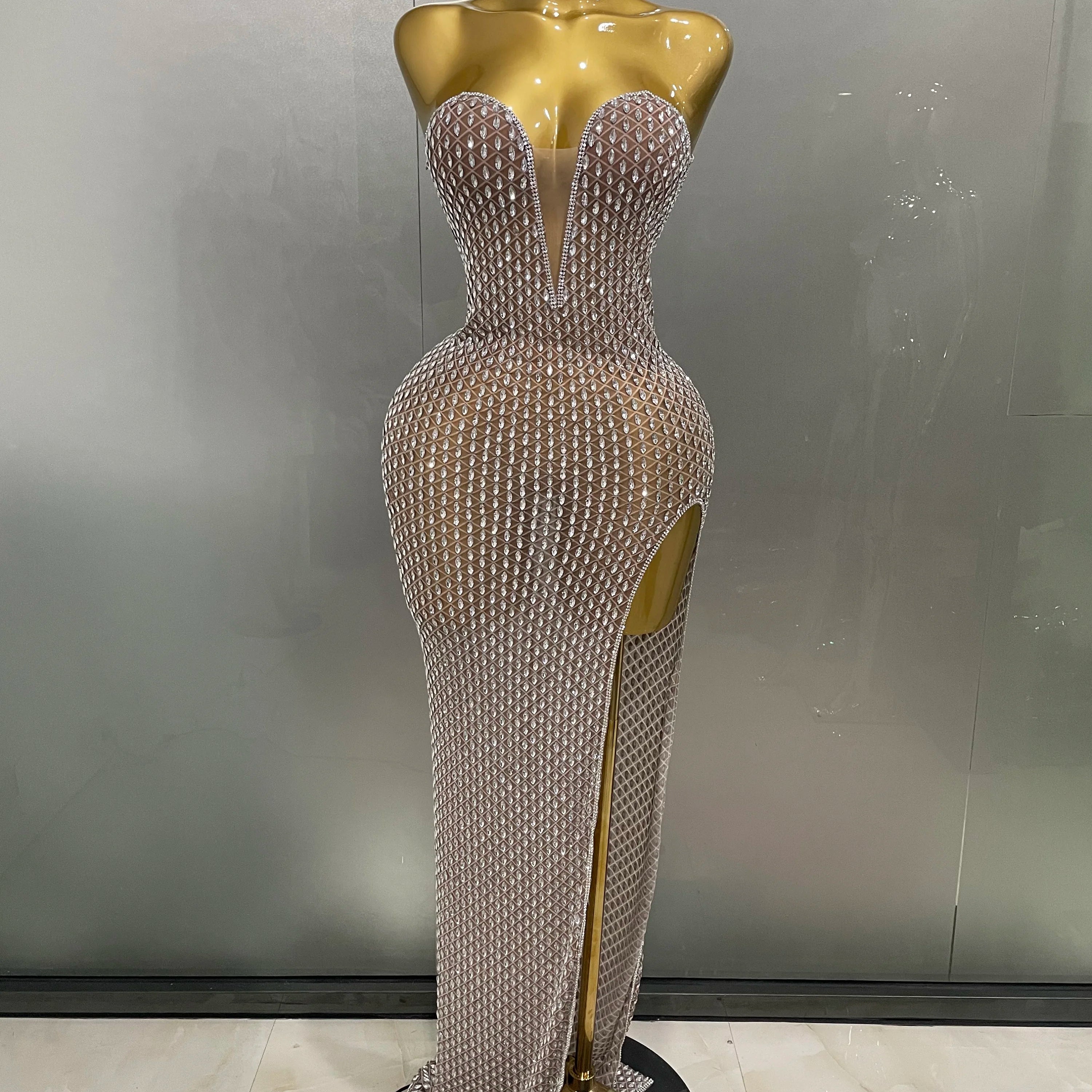 2025 Luxurious Full Rhinestones Mesh Transparent long dress Women Birthday Celebrate Evening Prom Dress party Club Stage Costume Khaki