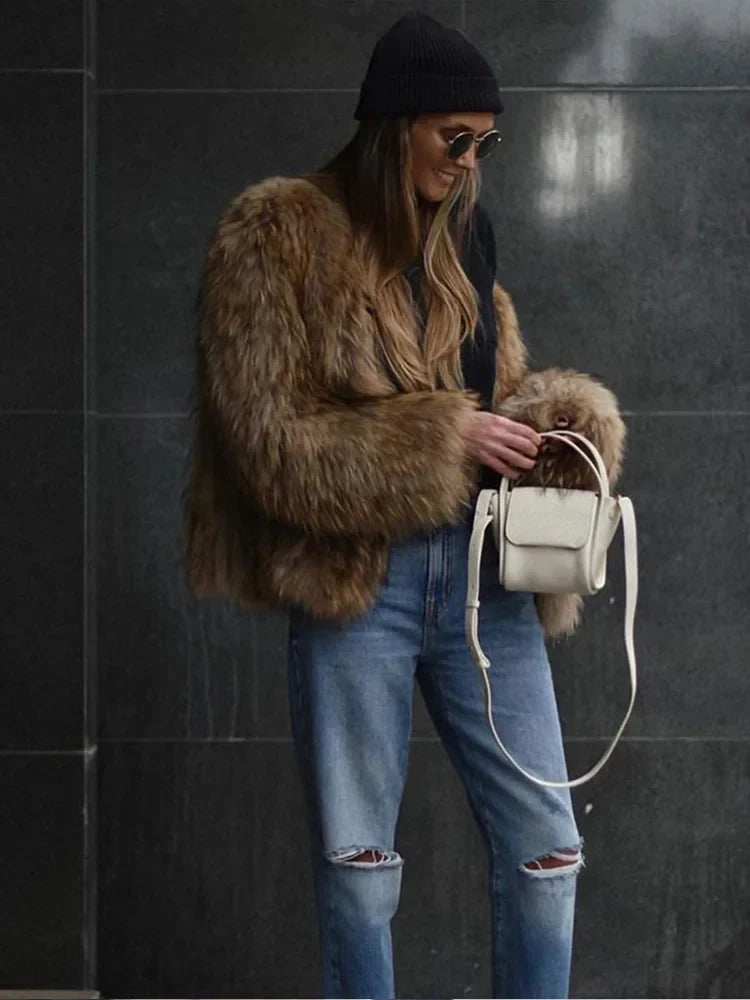 Winter Women's Chic Thermal Furry Faux Fur Coat Fashion Casual Long Sleeve Cardigan Jackets New Female Warm Streetwear ﻿