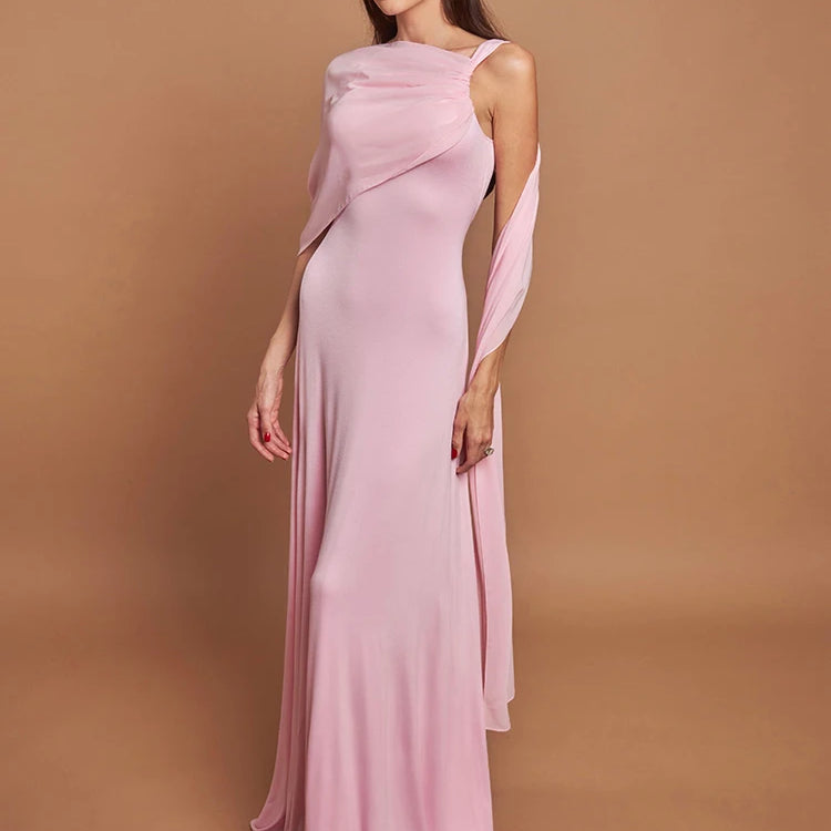 Pink Cape Sleeve Sexy Maxi Dress For Women Off-shoulder Backless Gown Elegant Skew Collar Lace-up Long Dress Vestido