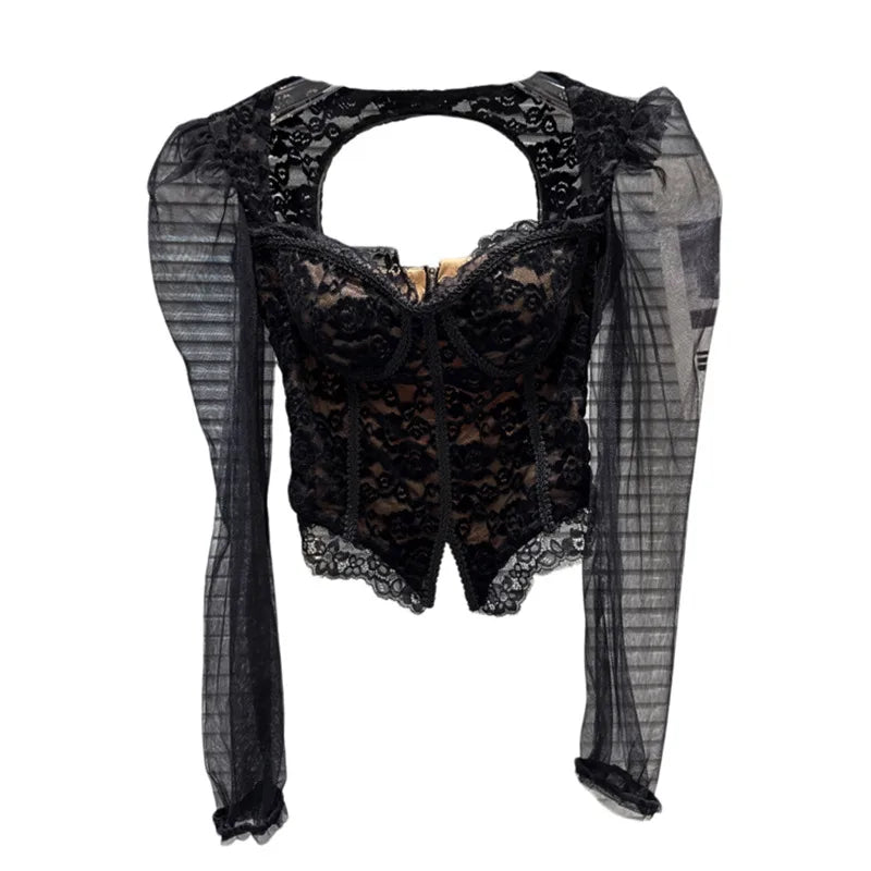 Winter New Fashion Mesh Sleeve Hollow Fishbone Chest Pad Slim Fit Lace Shirts For Women Versatile Short Top 11A07463