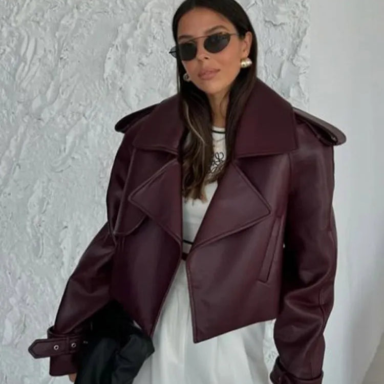 Fashion Burgundy Lapel Leather Jackets For Women Casual Loose Pockets Long Sleeve Coats Autumn Lady High Street Outerwear Picture color