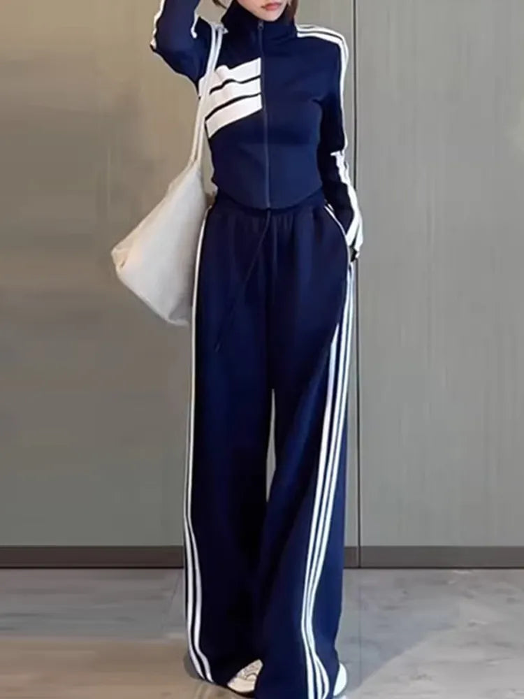 Striped Sports Set Women's Autumn/Winter Fashion Contrast Color Zipper Coat Long Sleeve Casual Wide Leg Pants Two Piece Set
