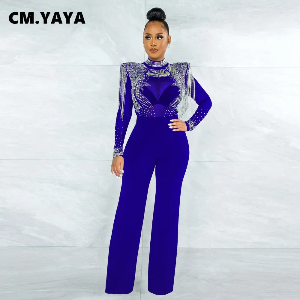 CM.YAYA Women Jumpsuit Solid High Collar Hot Drill Mesh Shoulder Cotton Long Sleeves Long Straight Jumpsuit Sexy Party Outfits