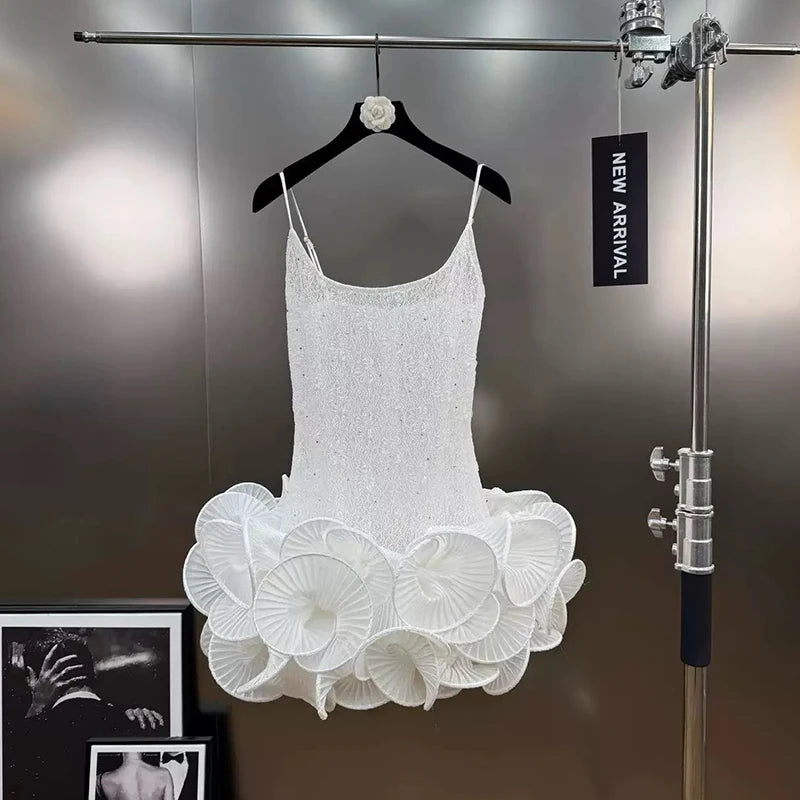 Autumn Winter New Elegant Sweet Rhinestone Ruffle Puff Sleeve Strap Dress For Women Backless Dresses Female 11A07818 White