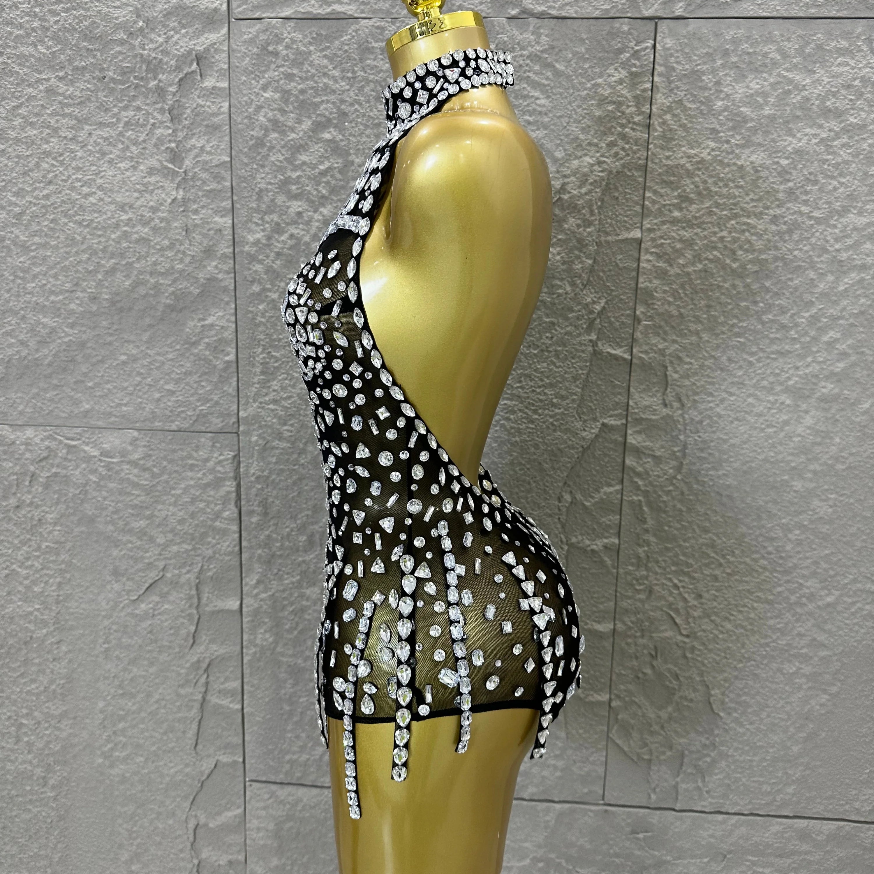 Pink Nude Sleeveless Bodysuit Women Sheer Mesh Crystal Rhinestone Embellished Formal Event Performance Costume