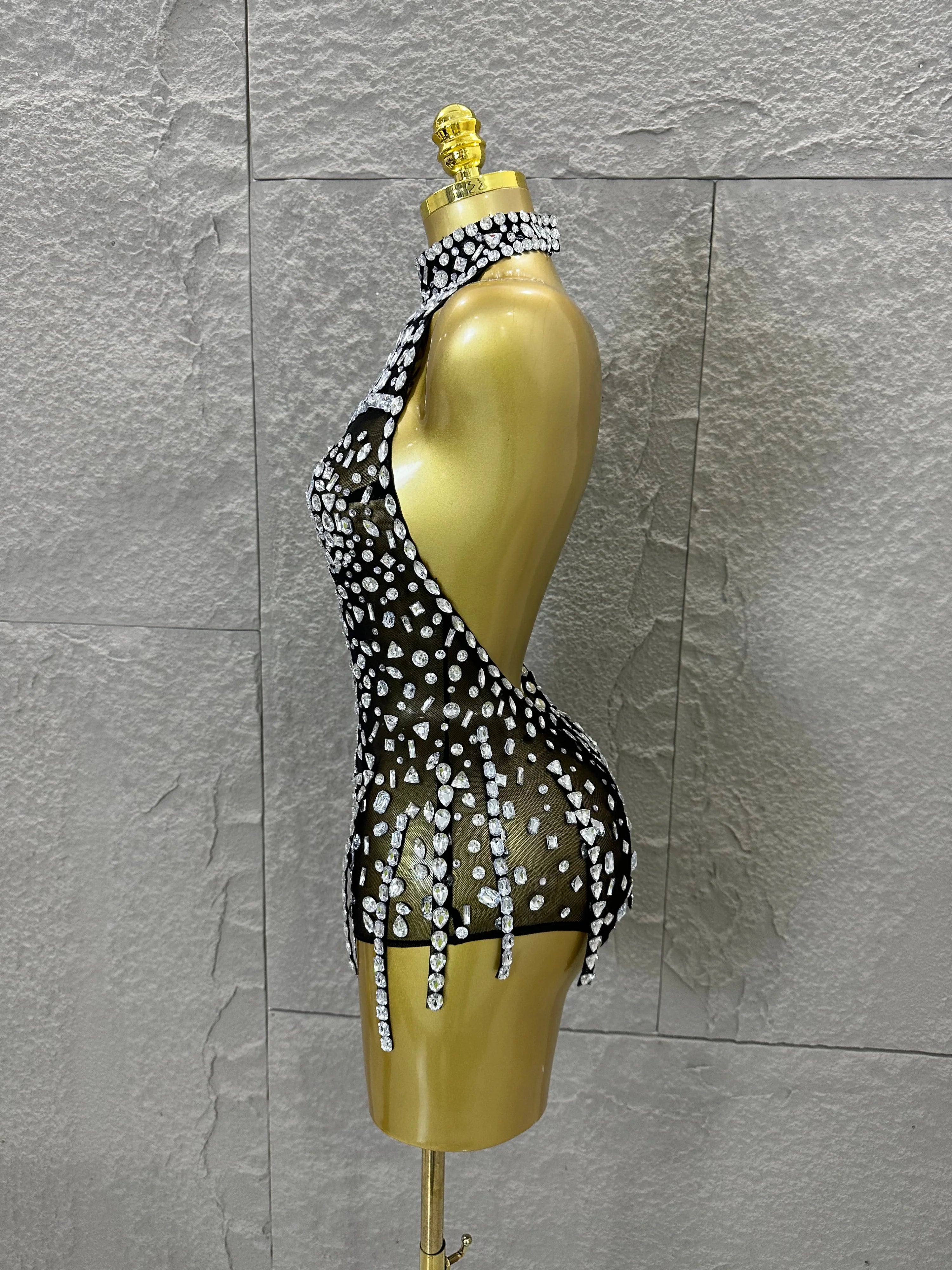 Pink Nude Sleeveless Bodysuit Women Sheer Mesh Crystal Rhinestone Embellished Formal Event Performance Costume