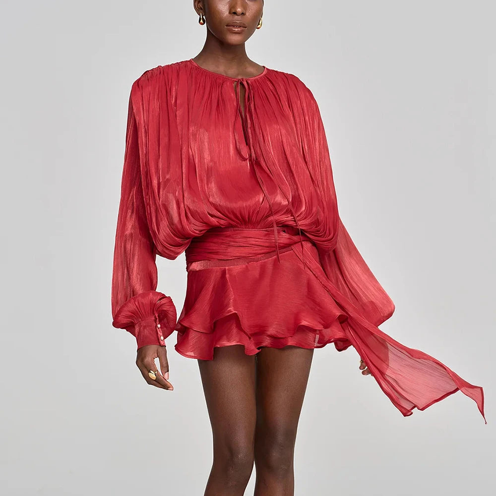 Solid Loose Spliced Lace Up Elegant Dresses for Women Round Neck Long Sleeves Patchwork Folds Dress Female Style