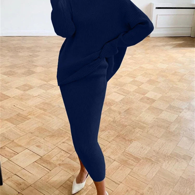 new Ribbed Knit 2 Piece Dress Set Outfits Ladies Knitwear Top And Midi Skirt Sets For Women Casual Winter Sweater Sets Navy Blue