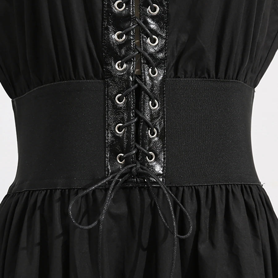 Solid Slimming Spliced Lace Up Elegant Dresses for Women Round Neck Sleeveless Patchwork Folds Dress Female Fashion