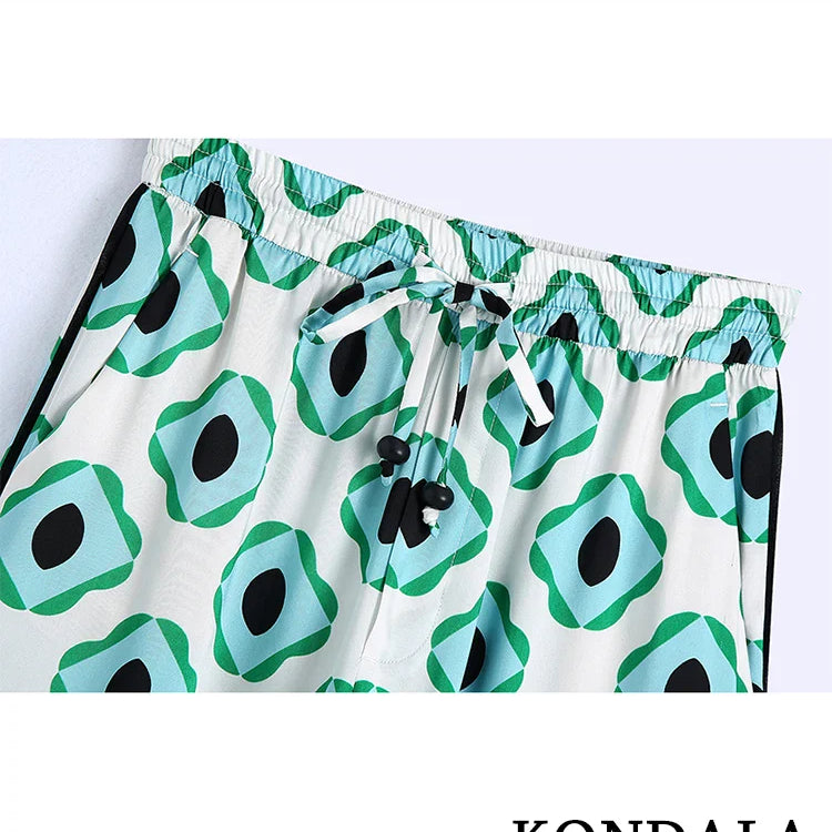 KONDALA Geometric Print Vintage Women Suits Autumn Fashion Oversized Long Shirts and High Waist Wide Leg Pants Women Set