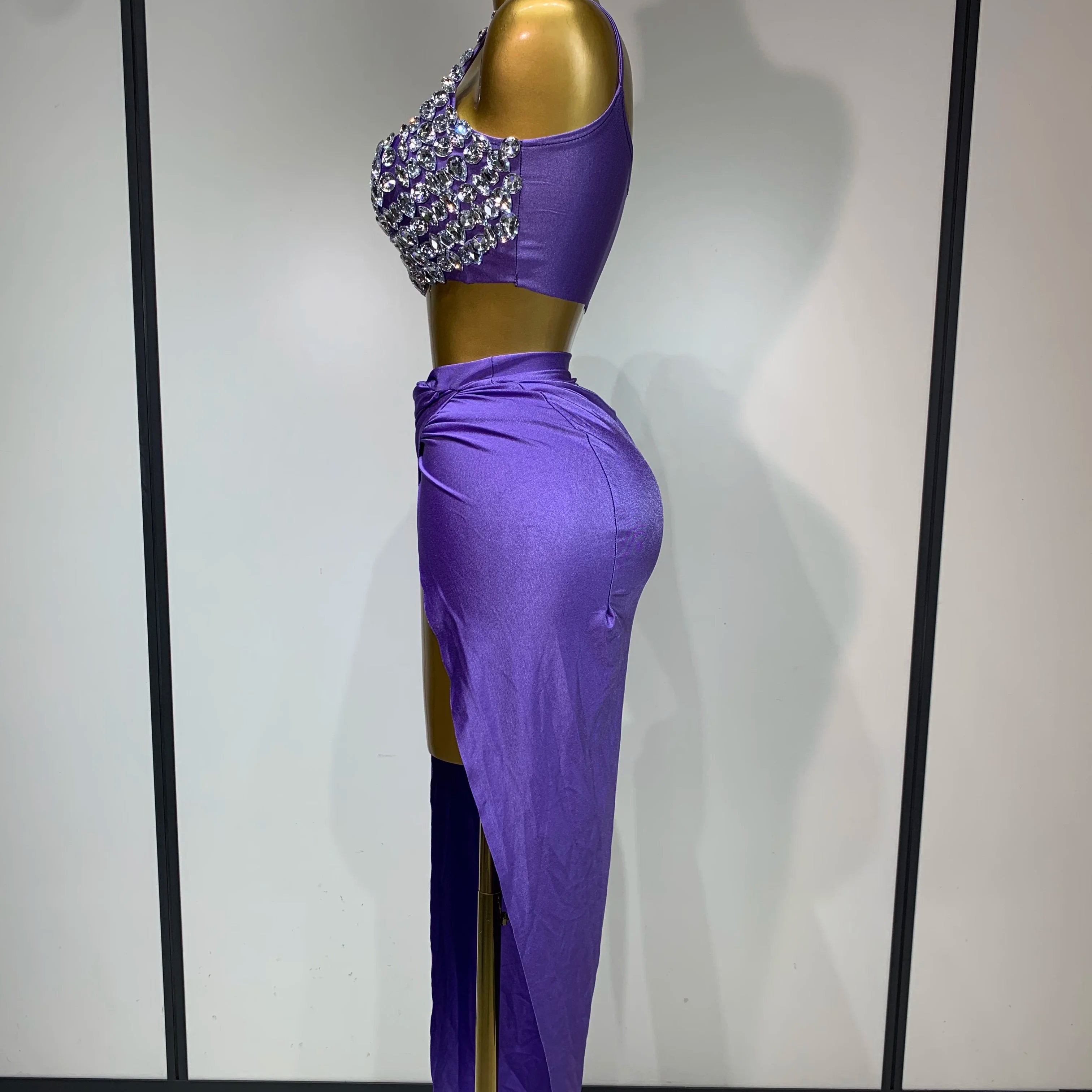 Women Sexy Two Pieces Set Stretched Crystal Diamonds Nightclub Singer Dancer Stage Performance Costume Evening Party Skirt Suits