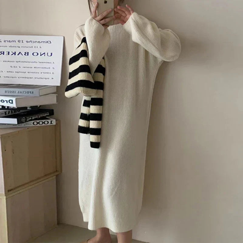 Winter Casual Long Knitted Sweater Dress Elegant New Solid Crew-neck Furry Pullover Dress Women Long Sleeve Party Dress 01 White One Size