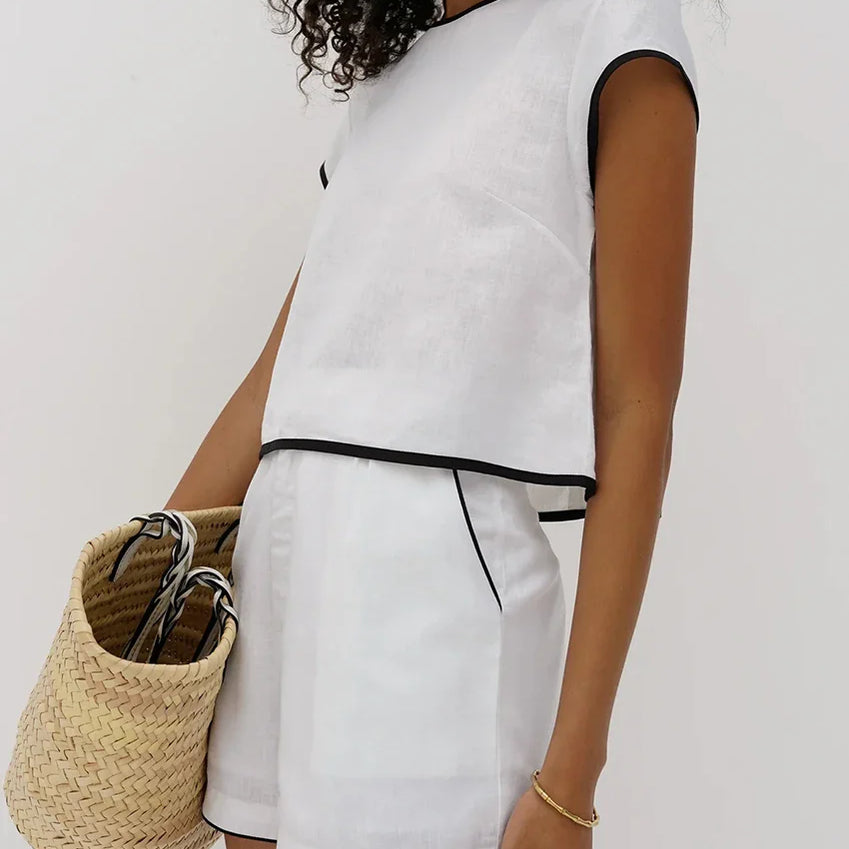 Clacive Casual Loose Blue Cotton 2 Piece Sets Women Outfit Elegant Short Sleeve Shirt With High Waist Shorts Set Female