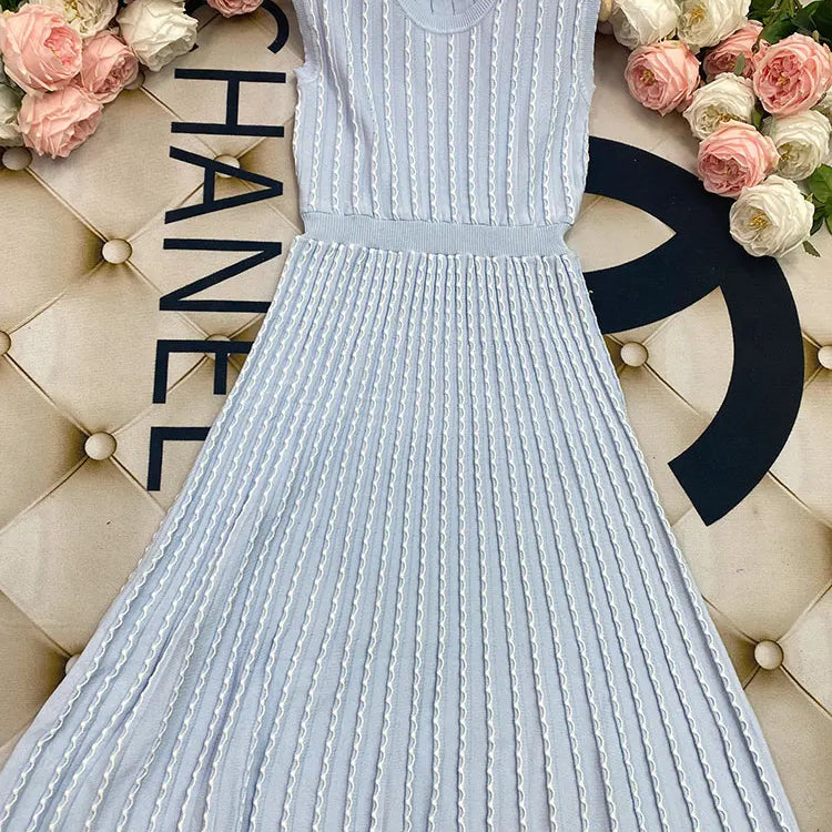 2024 New Listing Elegant Striped Knit Dress Women O-neck Sleeveless A-line Dresses Club Evening Party Midi Vestido SKY BLUE
