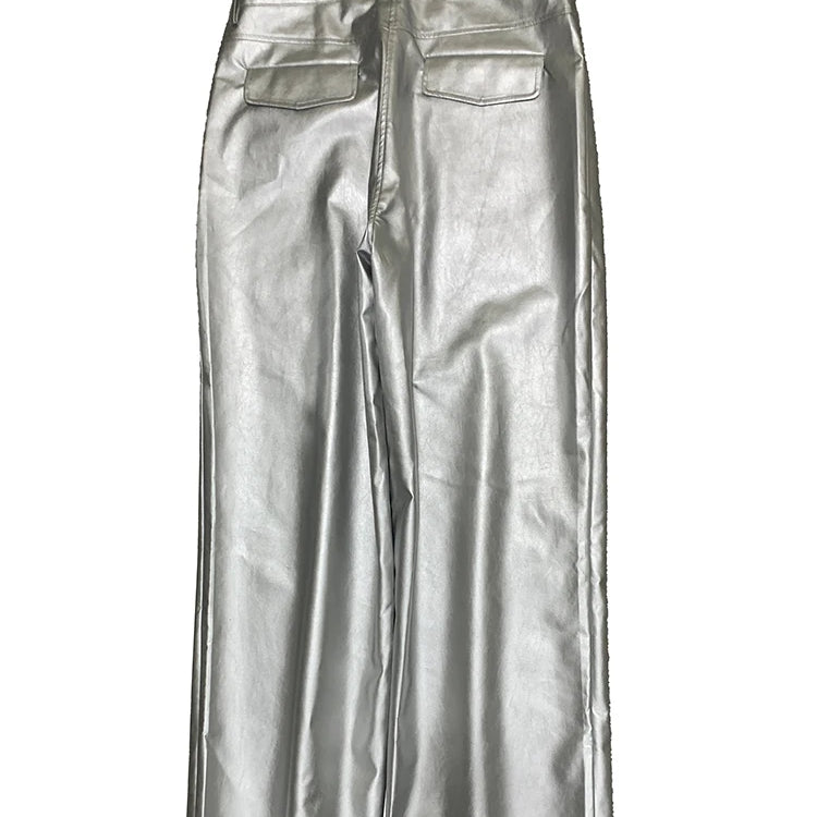 Lautaro Autumn Cool Silver Baggy Faux Leather Wide Leg Pants for Men Trousers Loose Casual Luxury Mens Designer European Clothes