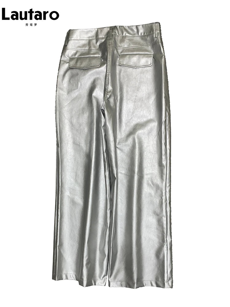 Lautaro Autumn Cool Silver Baggy Faux Leather Wide Leg Pants for Men Trousers Loose Casual Luxury Mens Designer European Clothes