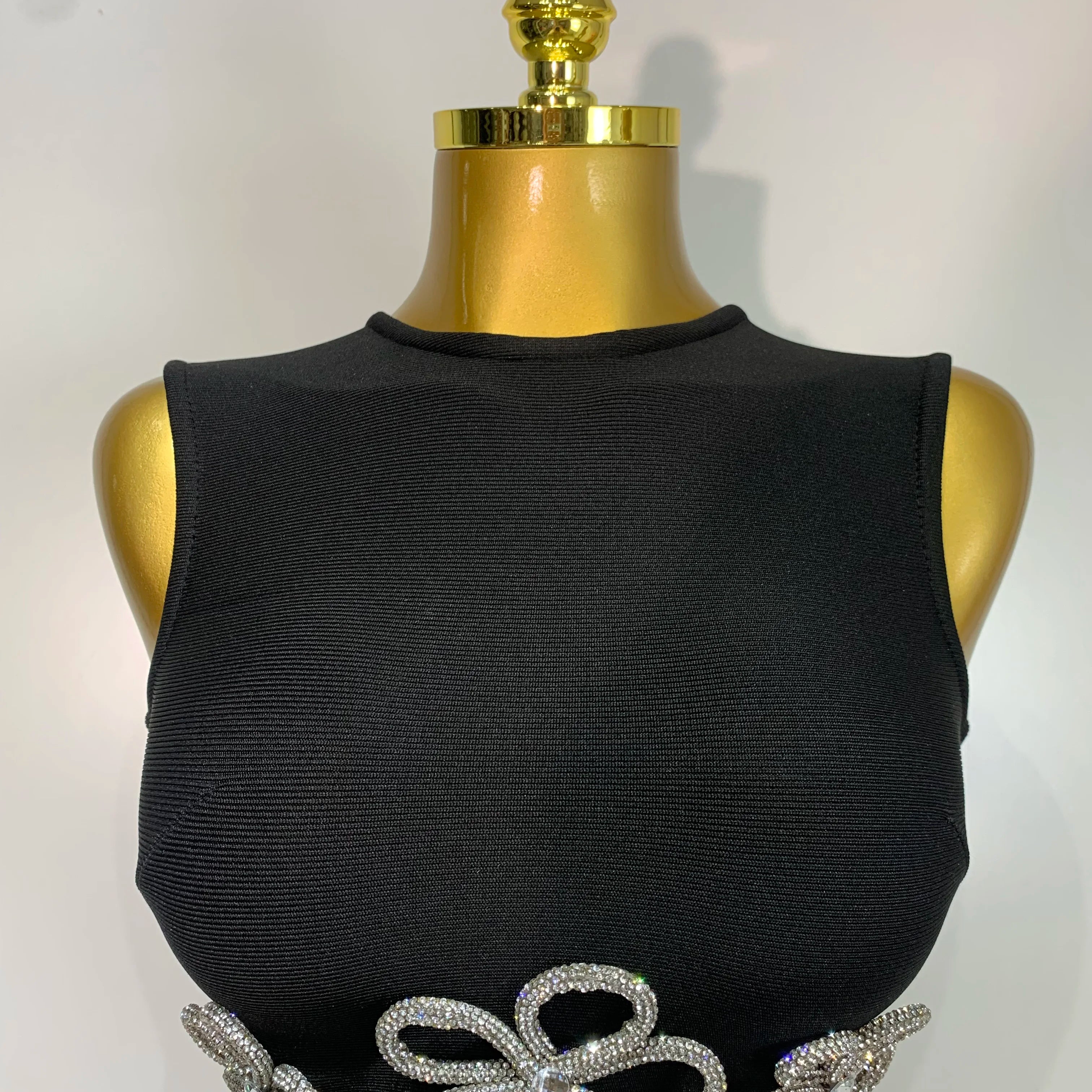 Women Celebrity Sexy Crytal Flower Black Mini Bandage Skirt Suit 2025 Knitted Elegant Evening Club Birthday Party Two Pieces Set