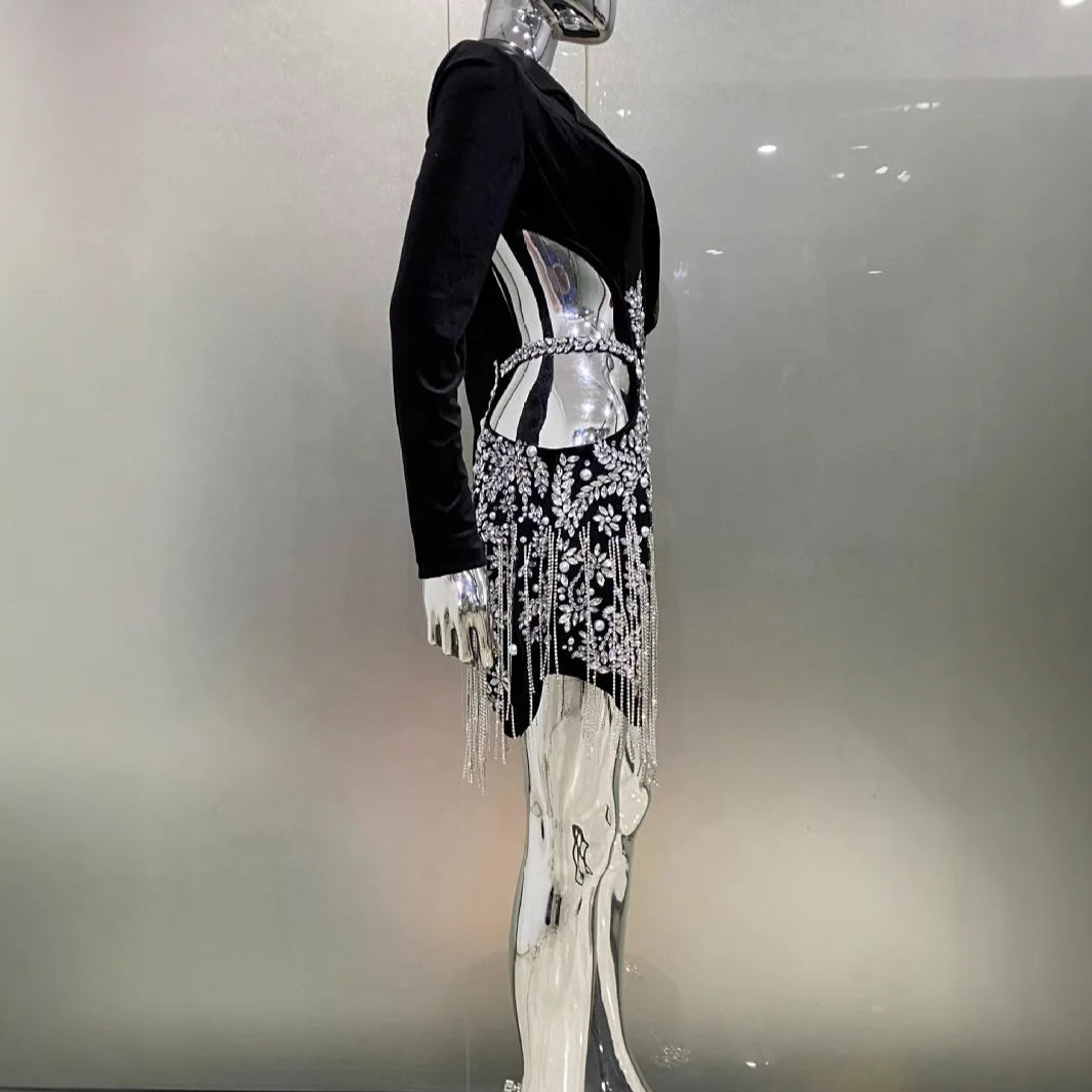 New Arrive Women Cross-Border Foreign Trade Luxury Rhinestone Fringe Sexy Hollow Suit Dress Fashion Hot Girl Party Dress